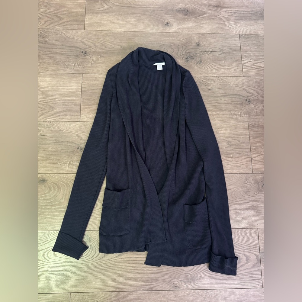 MaxMara Dark Navy Open Front Cardigan Size Large Wool Silk Blend Ribbed